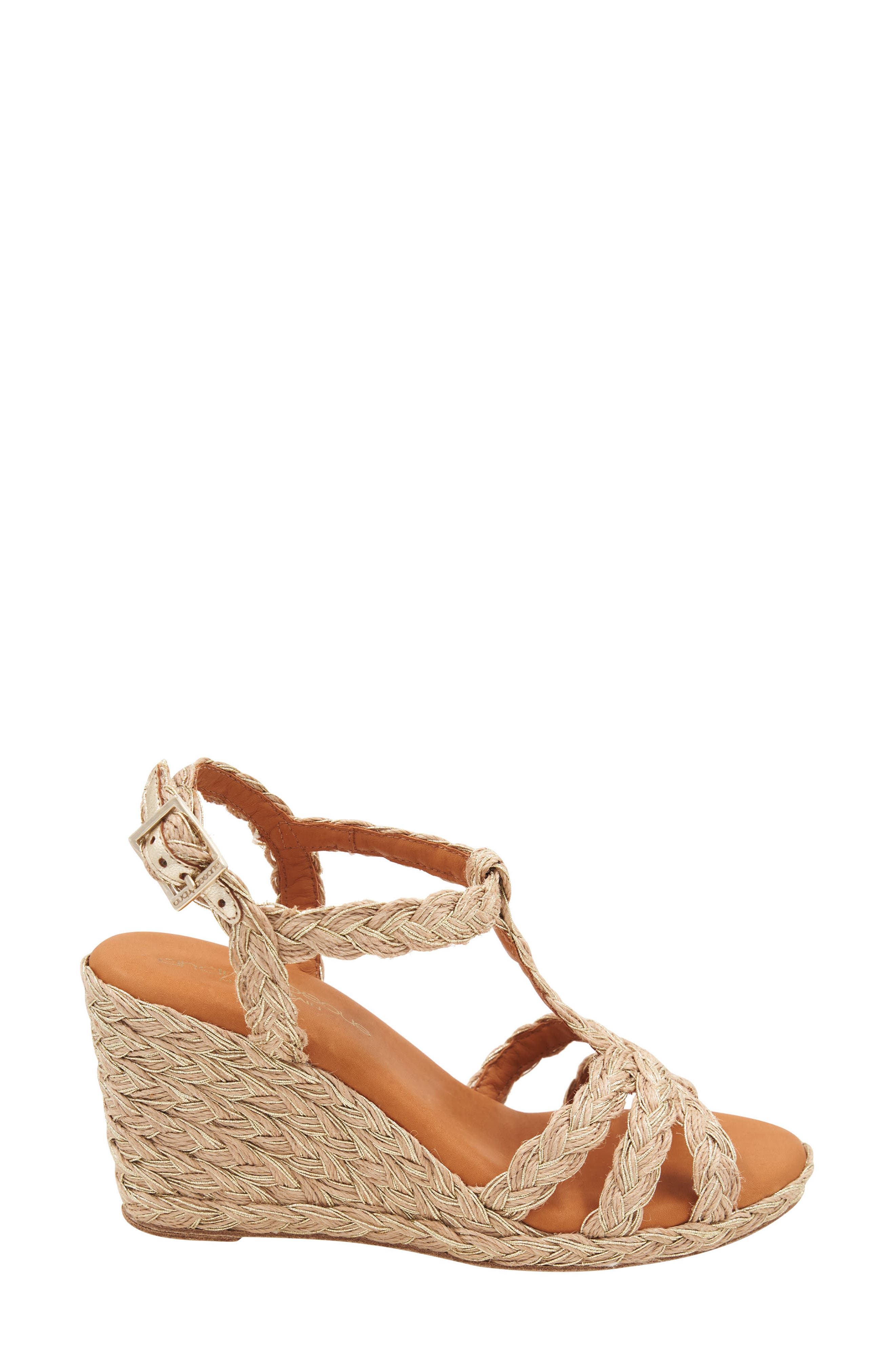 André Assous Madina Raffia Espadrille Ankle Strap Wedge Sandal, Alternate, color, Gold