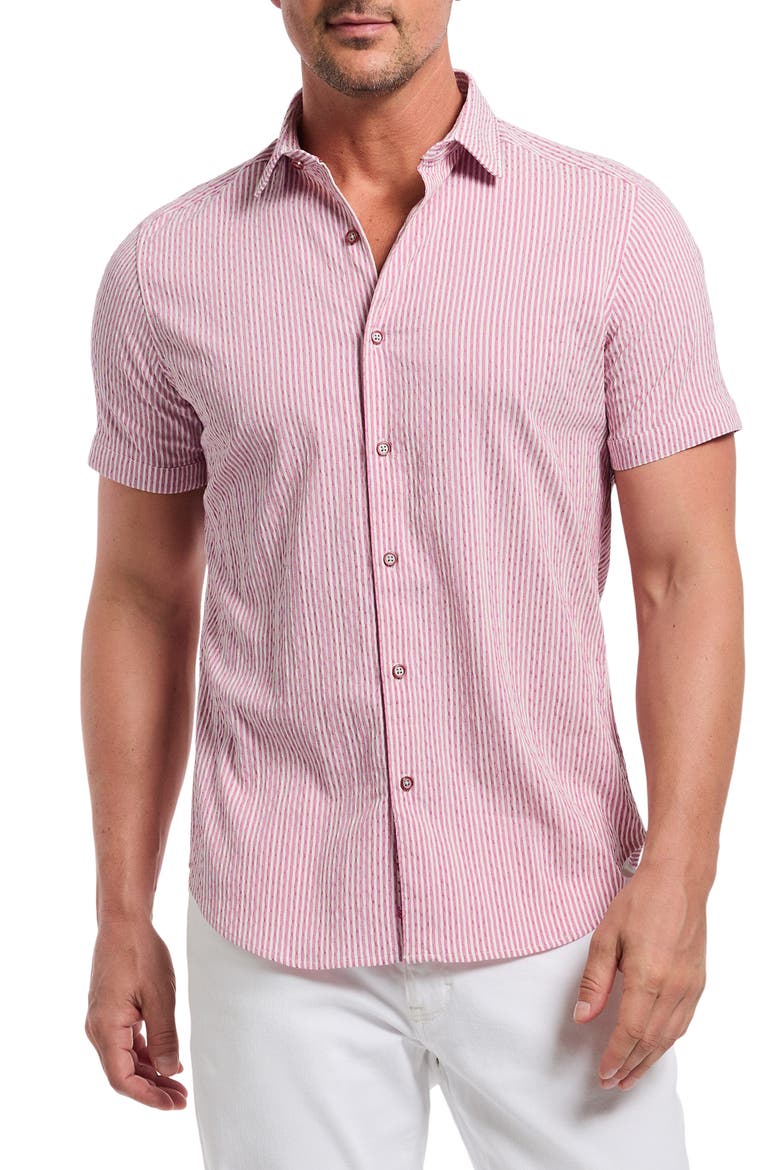 Fornillo Classic Fit Stripe Short Sleeve Button-Up Shirt, Main, color, BERRY