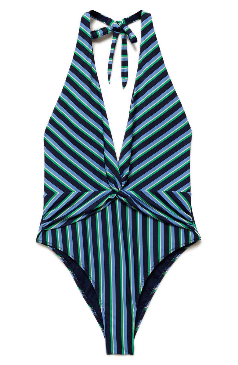 MANGO Stripe Halter One-Piece Swimsuit, Main, color, Blue