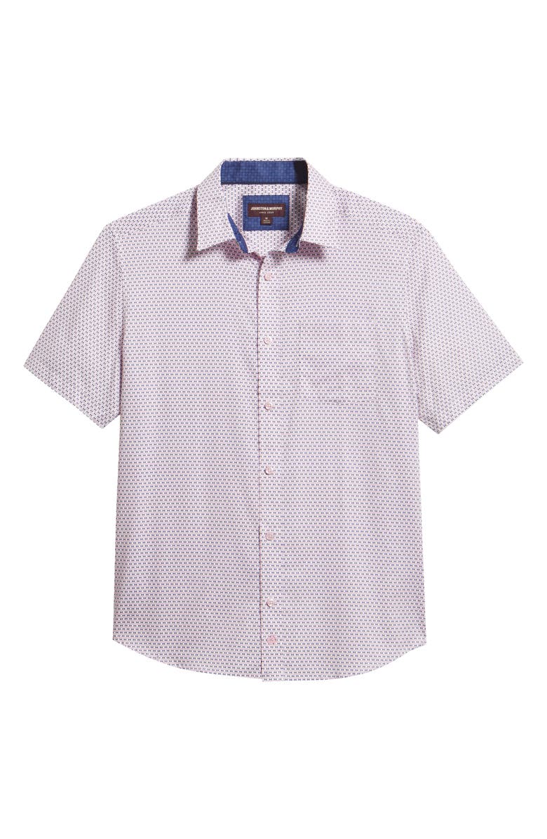Johnston & Murphy Logan Microprint Short Sleeve Cotton Blend Button-Up Shirt, Main, color, Pink / Navy Bowtie