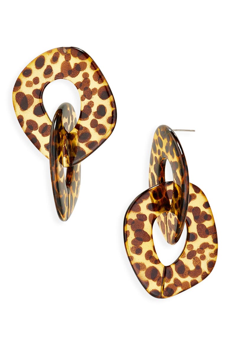 Margaux Cheetah Drop Earrings, Main, color, BROWN
