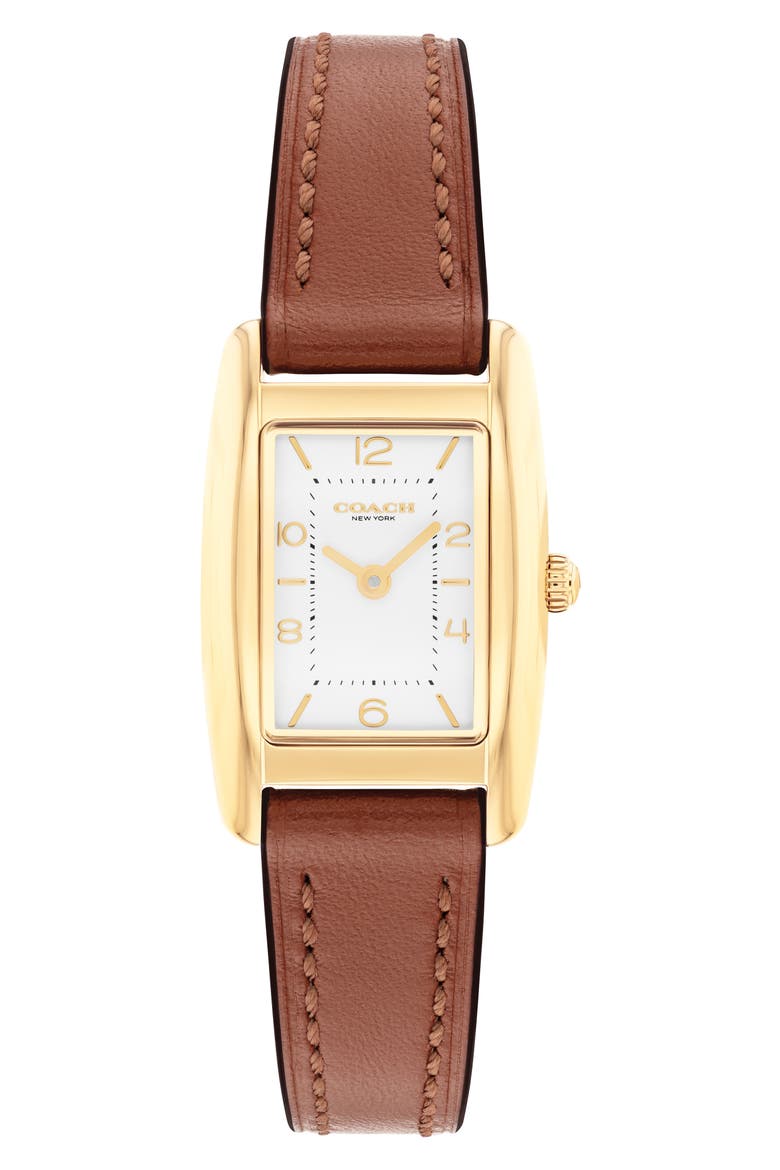Saddle Rectangular Leather Strap Watch, 20mm x 30mm, Main, color, GOLD/SILVER WHITE FACE