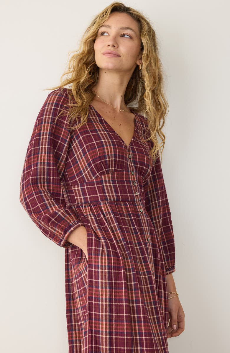 Marine Layer Maeve Plaid Tiered Midi Shirtdress, Alternate, color, Merlot Plaid