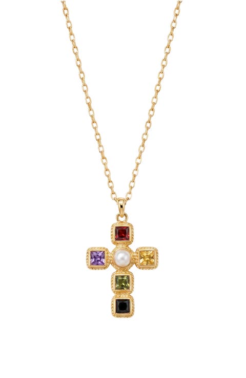 Jewel Imitation Pearl Cross Necklace