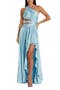 One Shoulder Pleated Charmeuse Gown with Slit
