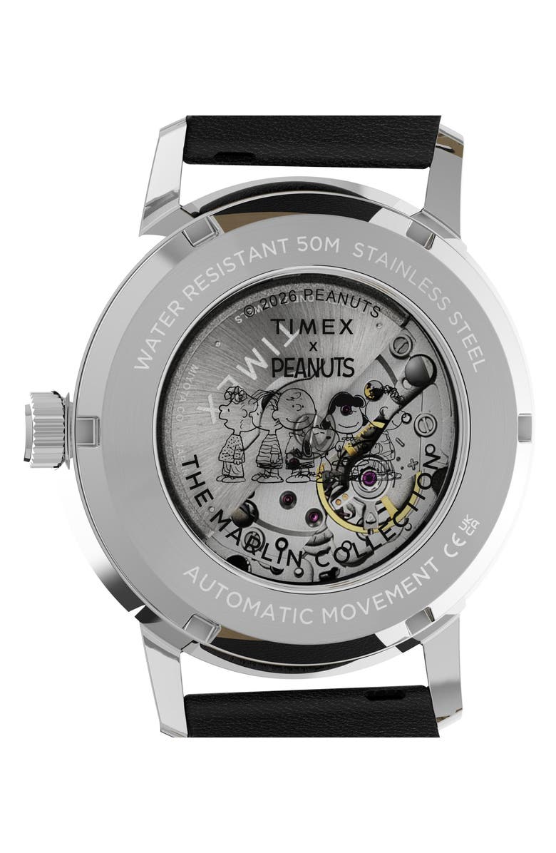 Timex<sup>®</sup> Peanuts<sup>®</sup> x Timex Marlin<sup>®</sup> Automatic Americana 40mm Leather Strap Watch, Alternate, color, Silver-Tone