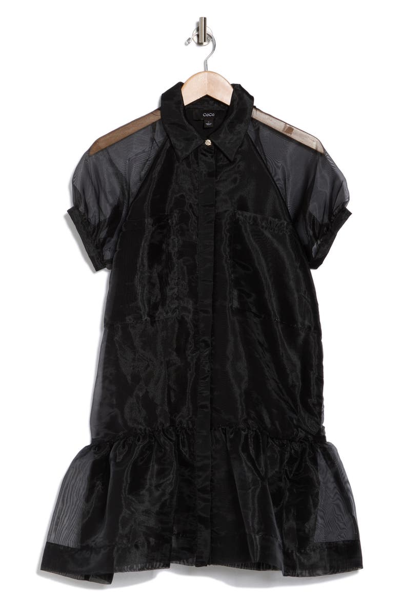 Puff Sleeve Tiered Organza Shirtdress, Alternate, color, RICH BLACK