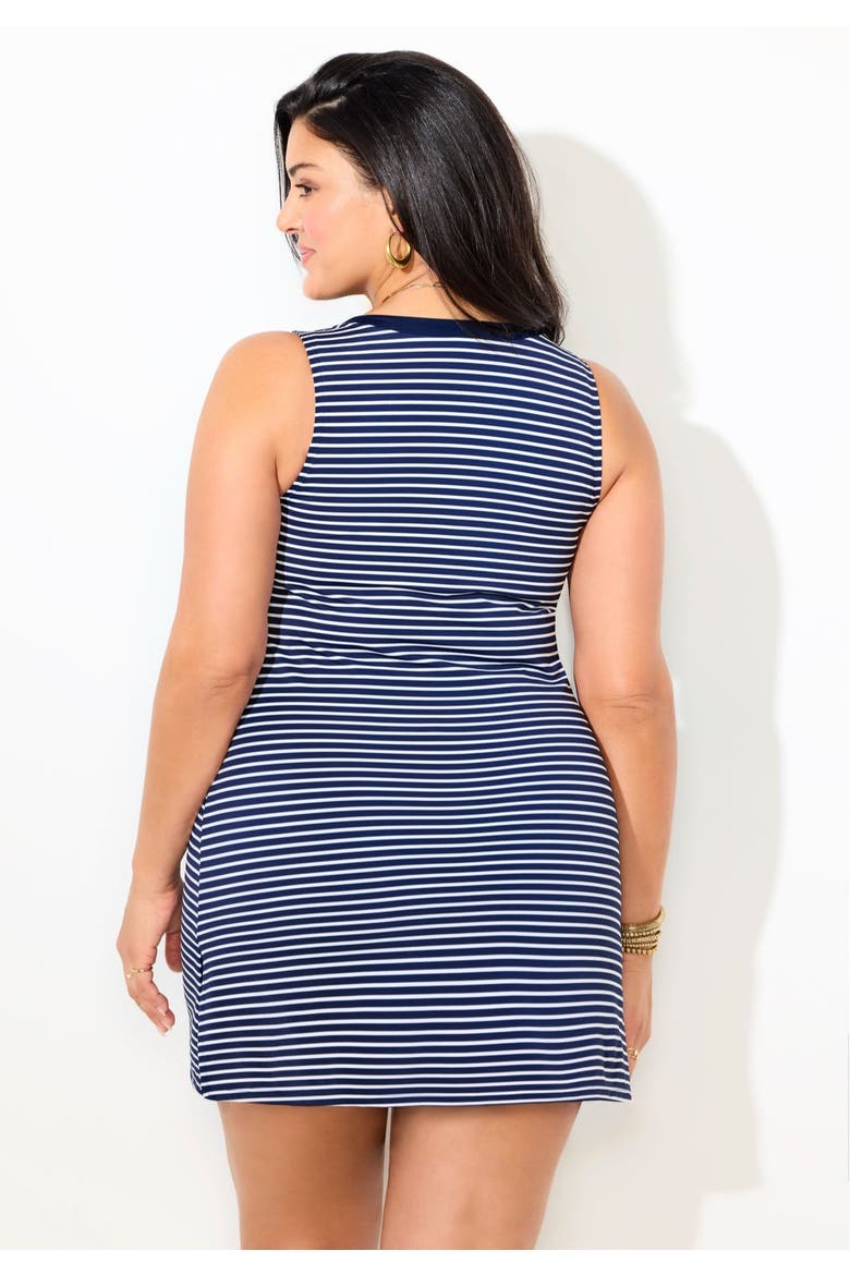 Chlorine Resistant V Neck Two Piece Swimdress, Alternate, color, Navy White Stripes