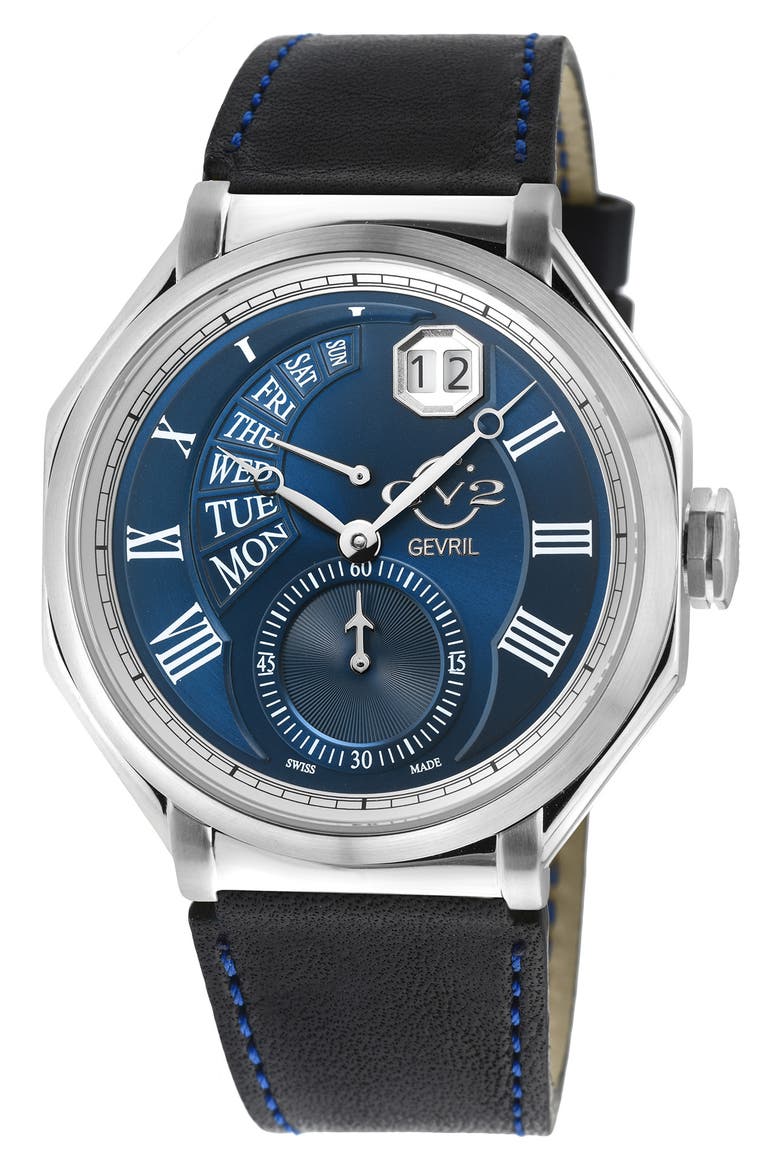 Men's Marchese Leather Strap Watch, 44mm, Main, color, BLACK