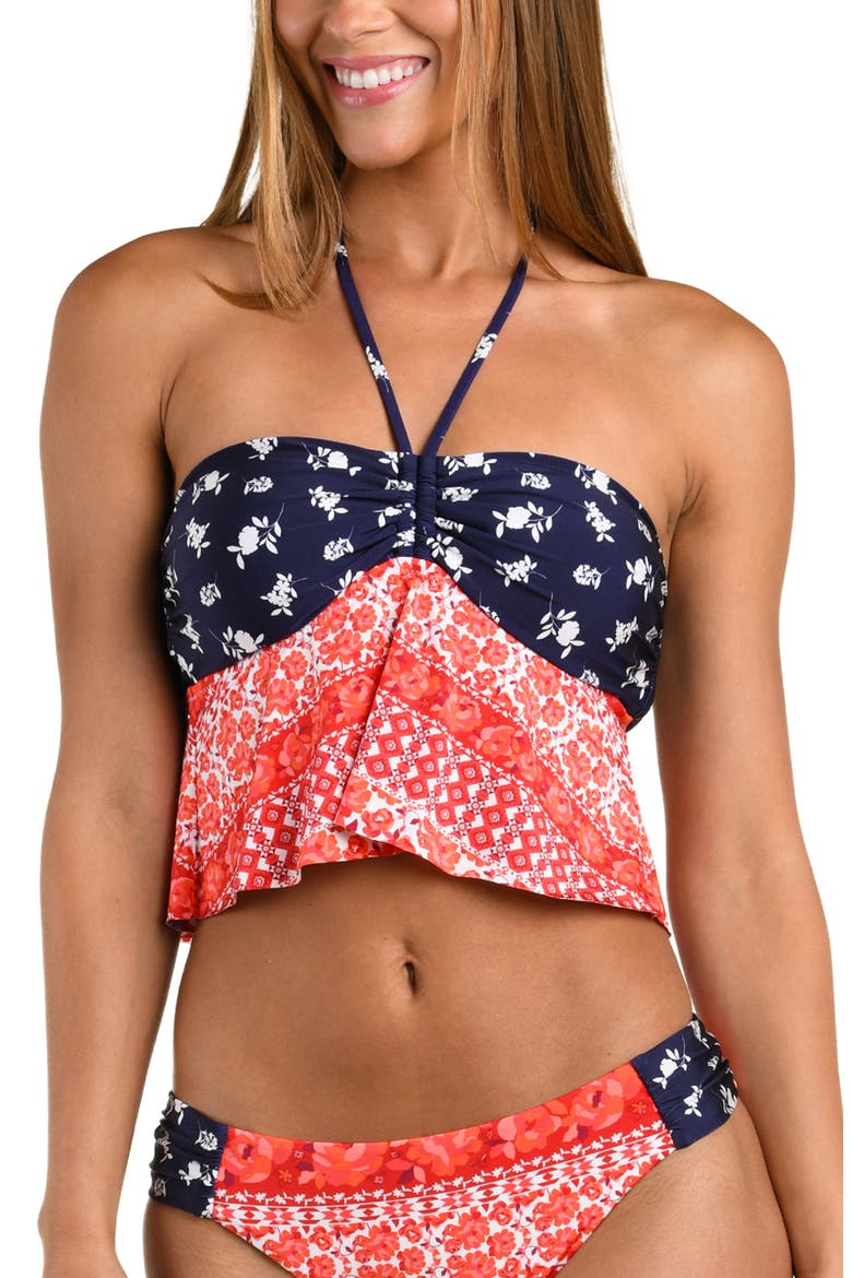 Flowers & Stripes Halter Bandeau Tankini Top, Main, color, RED MULTI