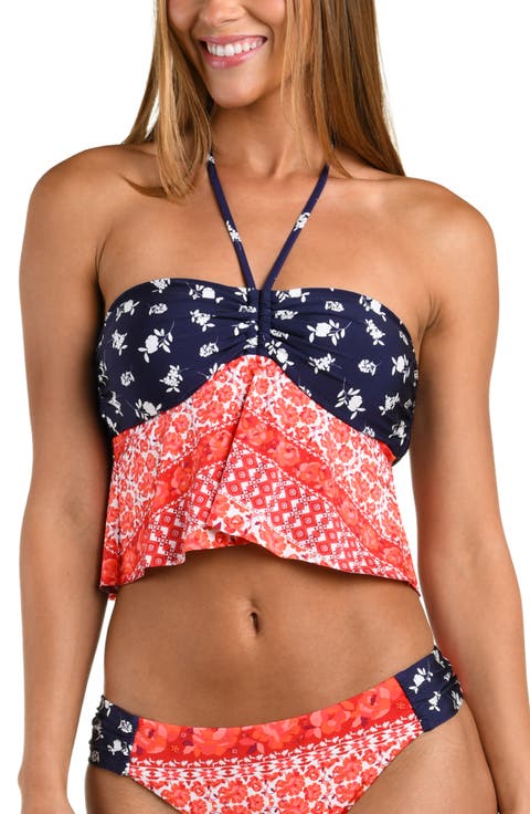 Flowers & Stripes Halter Bandeau Tankini Top