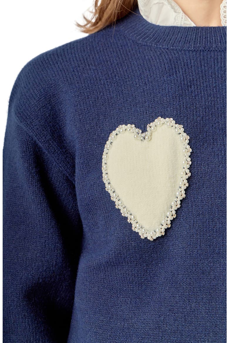 Faux Pearl Heart Crewneck Sweater, Alternate, color, NAVY