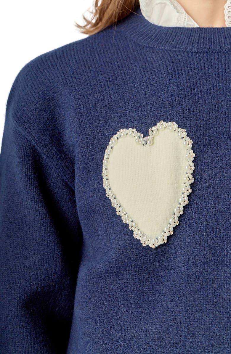 English Factory Faux Pearl Heart Crewneck Sweater, Alternate, color, Navy