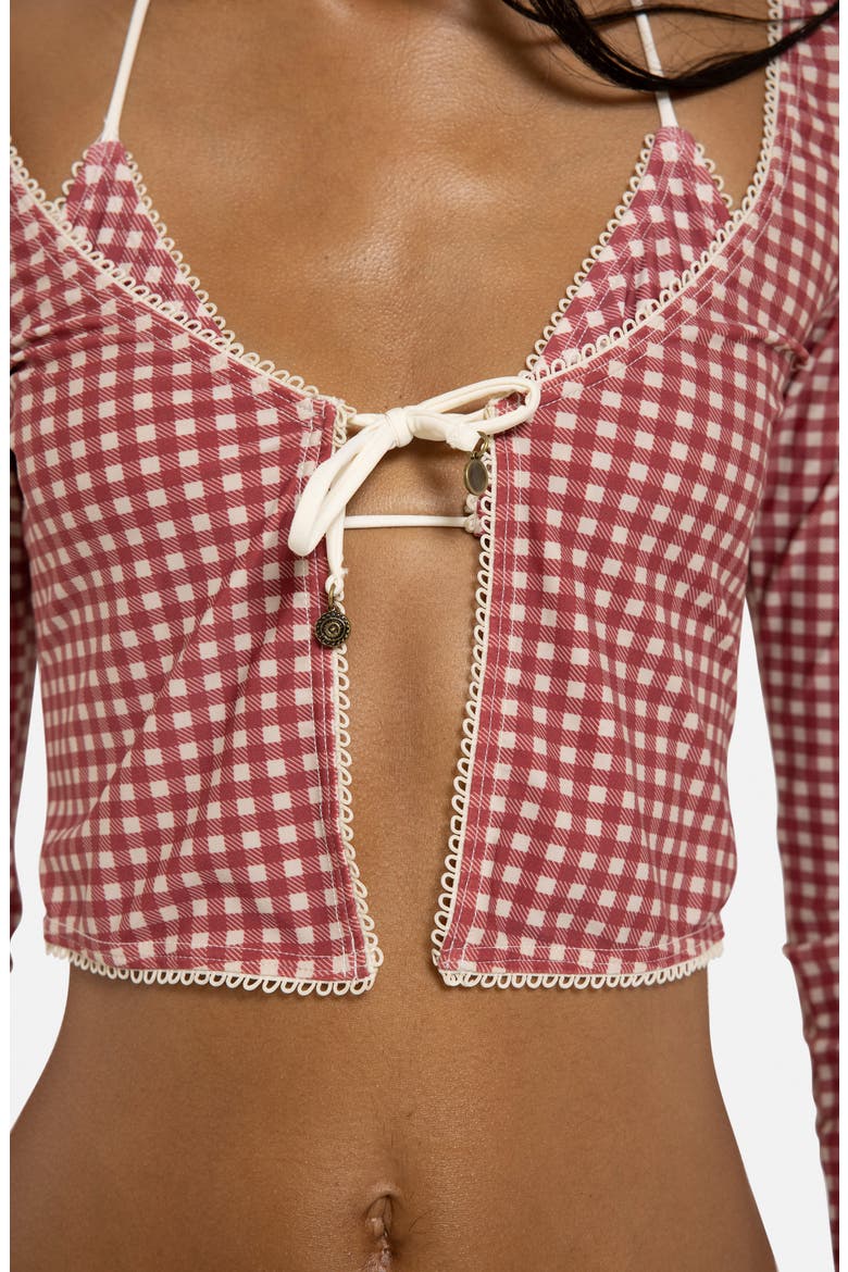 Gingham Tie Front Picot Trim Crop Cardigan, Alternate, color, RED