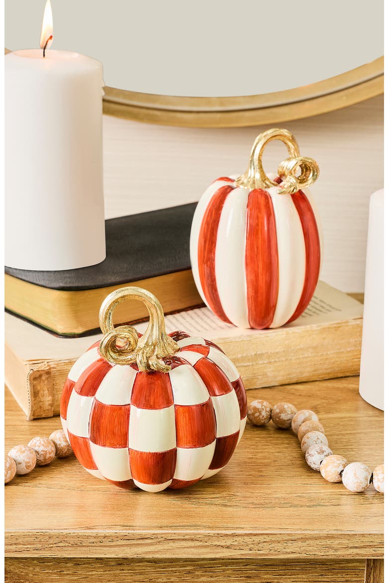 Paprika Check and Stripe Petit Decorative Pumpkins, Alternate, color, RED