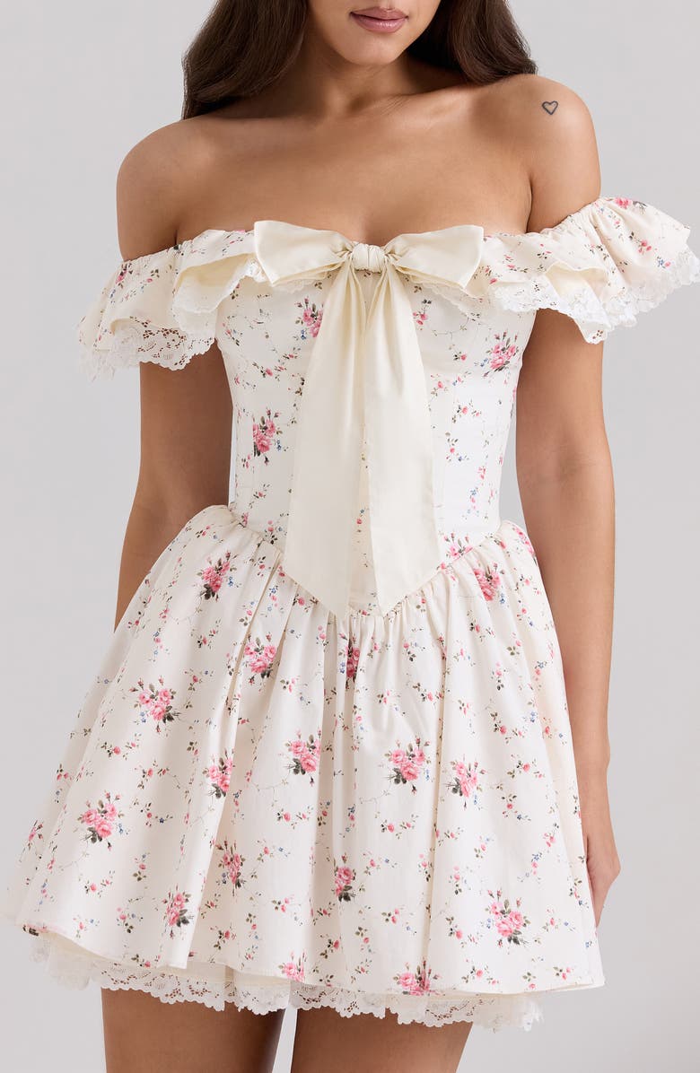 HOUSE OF CB Jaide Off the Shoulder Minidress, Alternate, color, Ivory/ Floral Blue Pink
