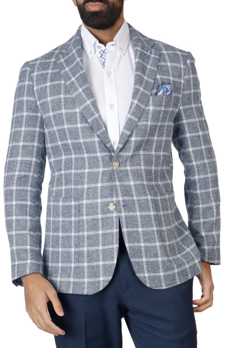 TailorByrd Classic Fit Yarn Dyed Windowpane Linen-Blend Sport Coat, Main, color, Navy