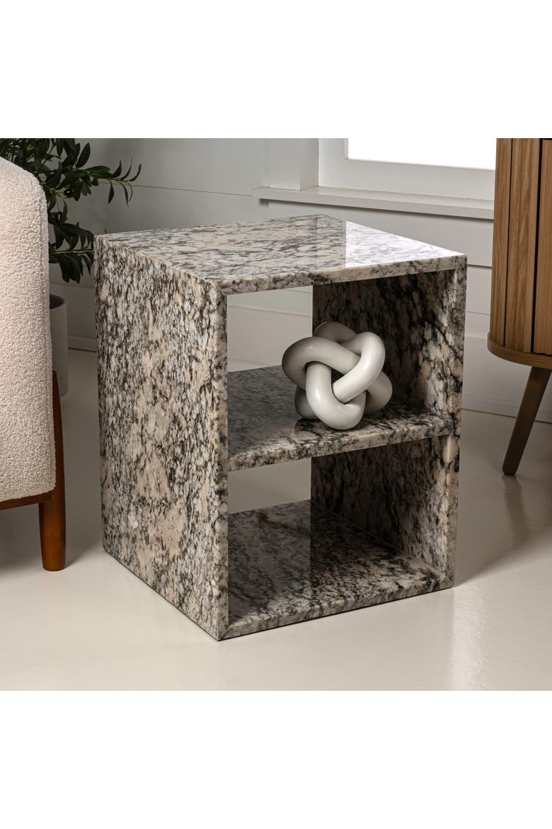 Sloane Modern Genuine Marble Square End Table with Open Shelf, Solid Stone Storage Side Accent Table for Living Room, Alternate, color, Beige/Dark Taupe