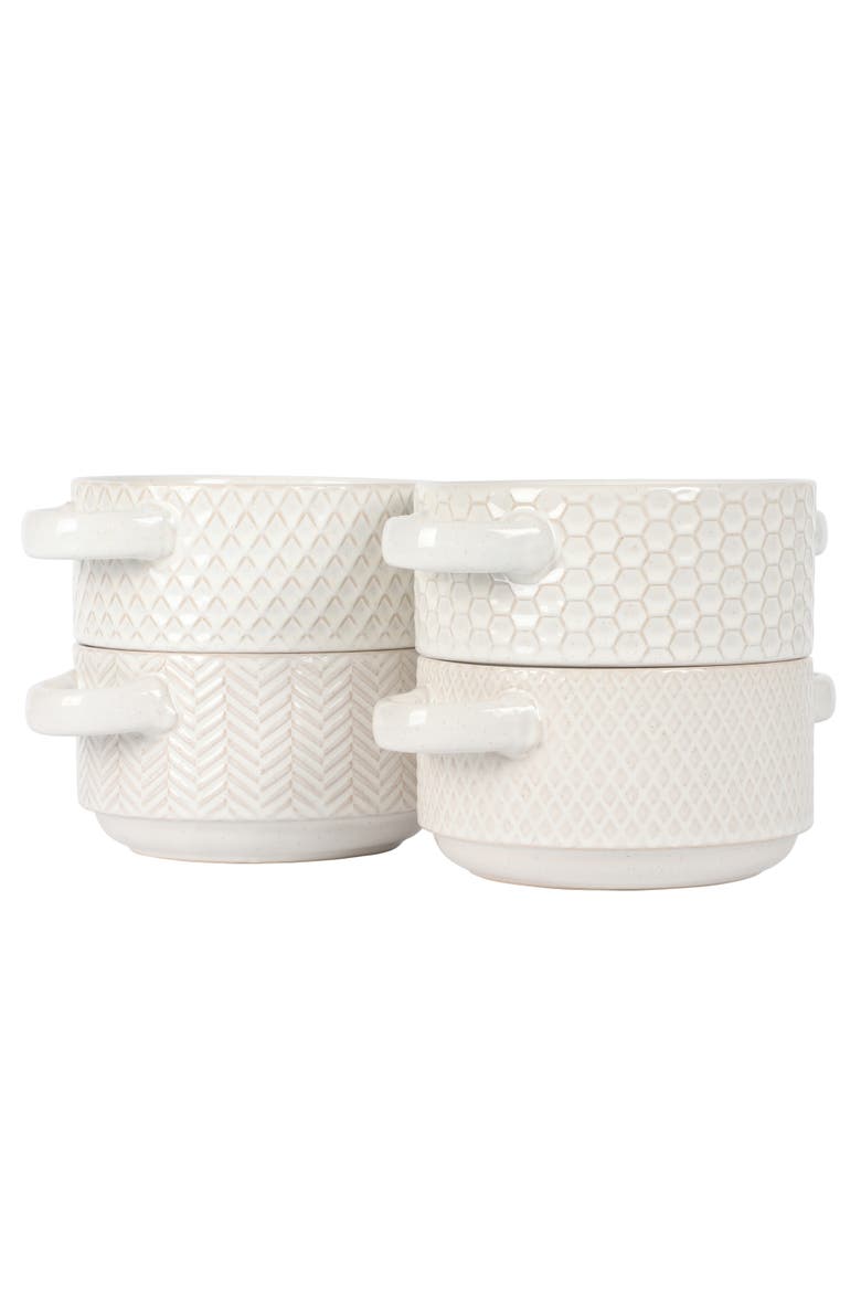 Oyster Tide 4-Piece Embossed Reactive Glaze Stoneware Soup Bowl Set, Alternate, color, White