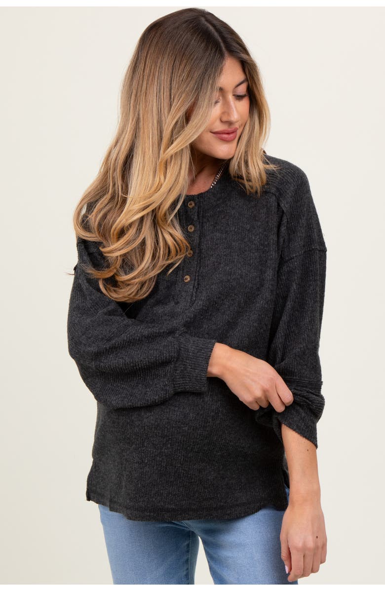 PinkBlush Oversized Ribbed Knit Henley Sweater, Main, color, Charcoal Grey