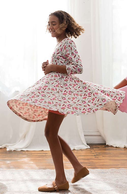 Mightly Organic Cotton 3/4 Sleeve Print Twirl Dress In Folk Floral