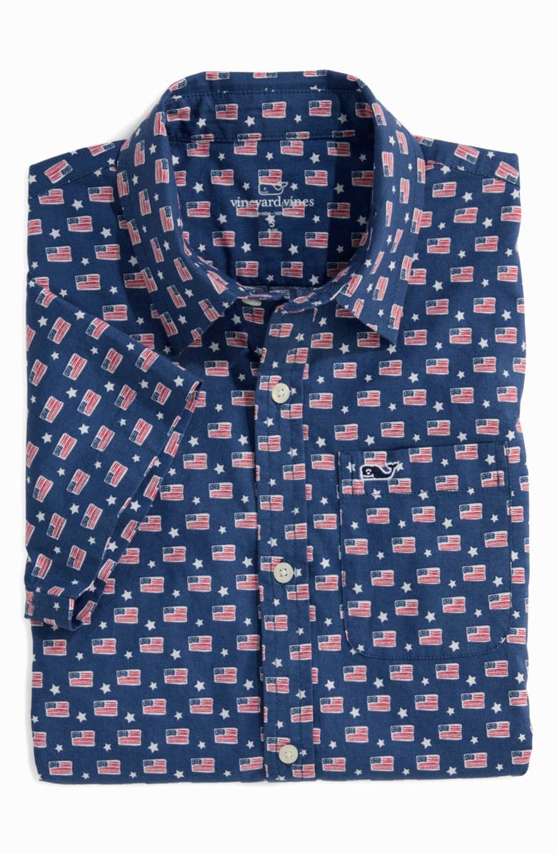 vineyard vines Kids' Print Short Sleeve Cotton Button-Up Shirt, Alternate, color, Flag Stars Tide Blue