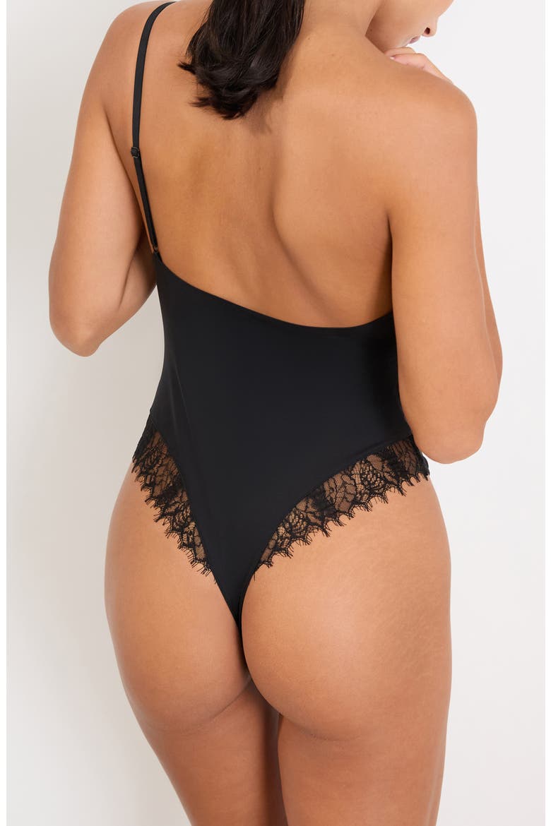 Mysterieuse Lace Inset Bodysuit, Alternate, color, BLACK