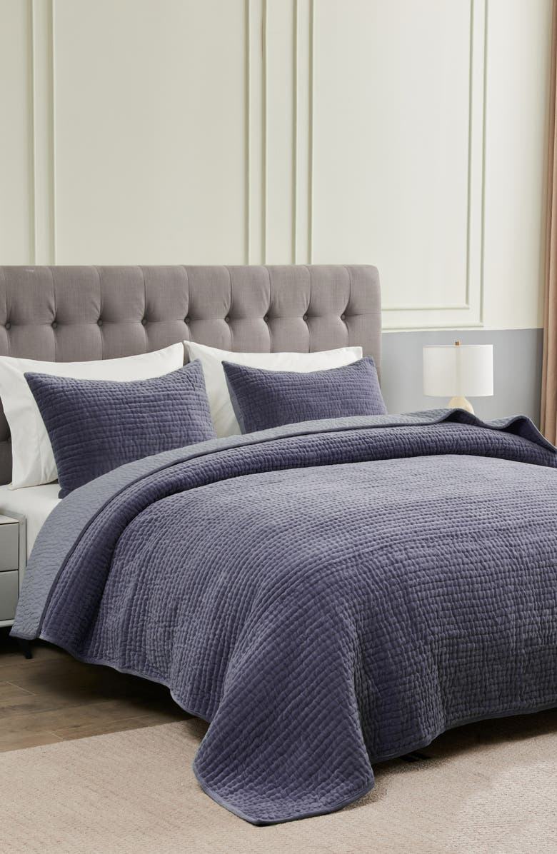 MELANGE HOME Tamara Velour Quilt 3-Piece Set, Alternate, color, Violet