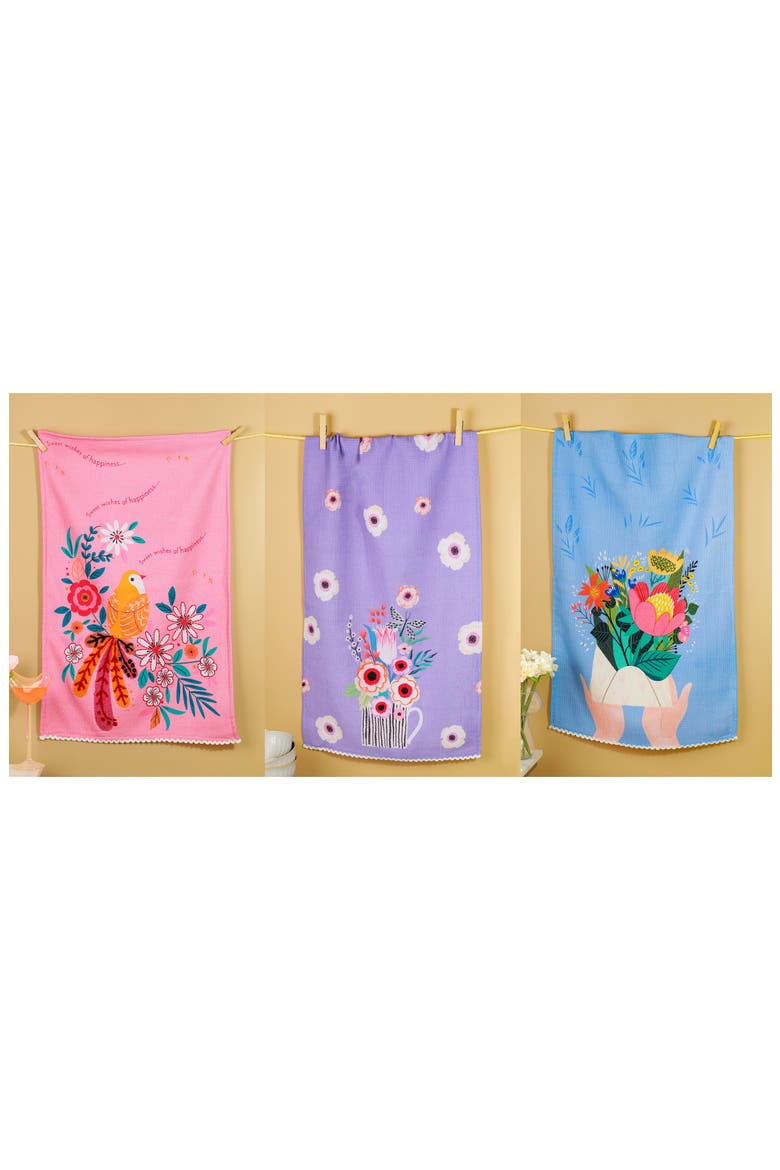 Sweet Wishes Set of 3 Kitchen Towels, Alternate, color, PINK/ PURPLE/ BLUE