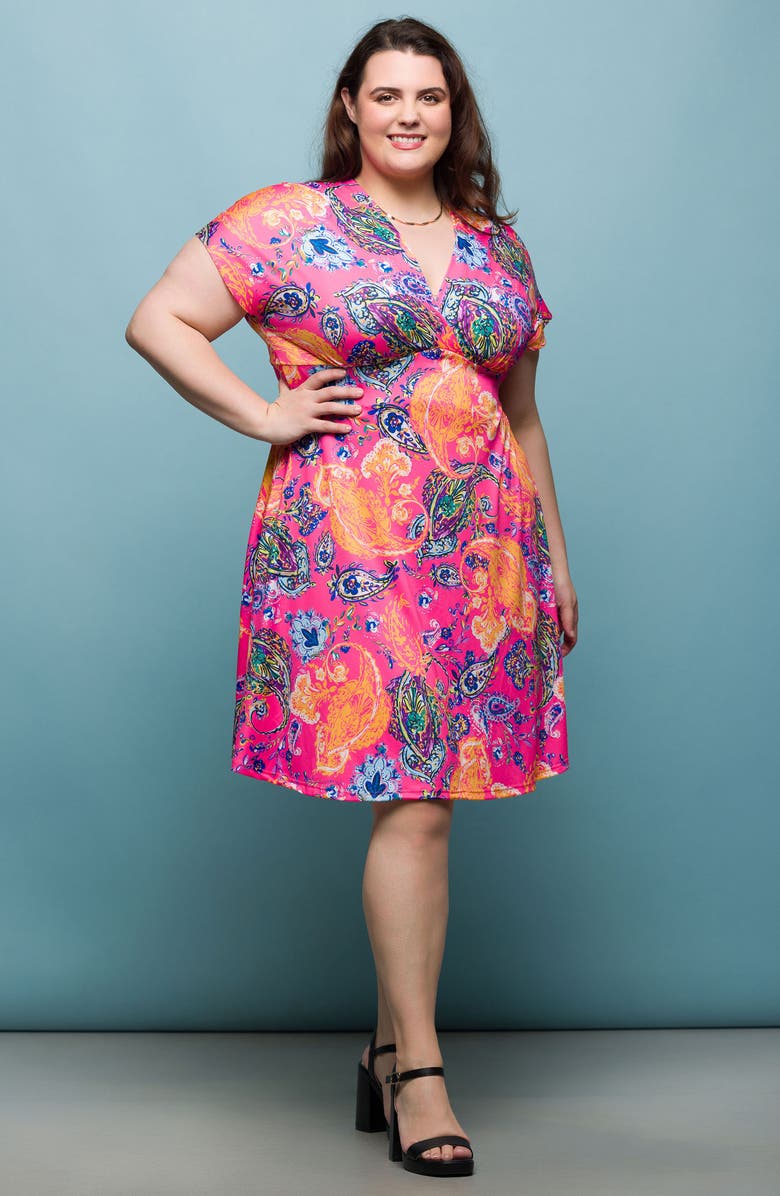 24seven Comfort Apparel Print Surplice V-Neck Dress, Alternate, color, Pink Multi