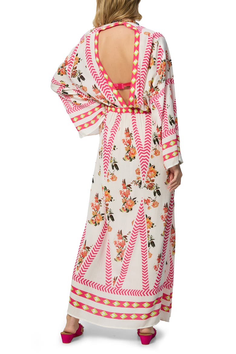 Floral Print Plunge Neck Cover-Up Kaftan, Alternate, color, WHITE COMBO