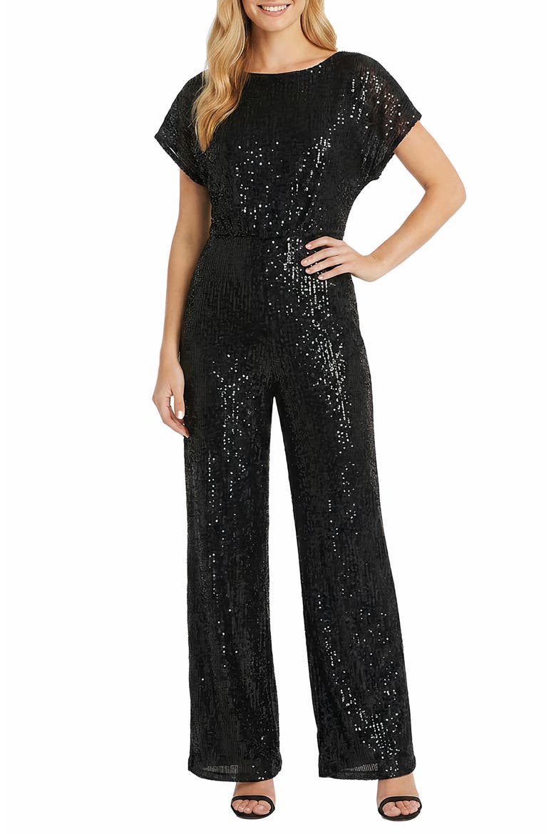 Sequined Cap Sleeve Jumpsuit, Main, color, BLACK
