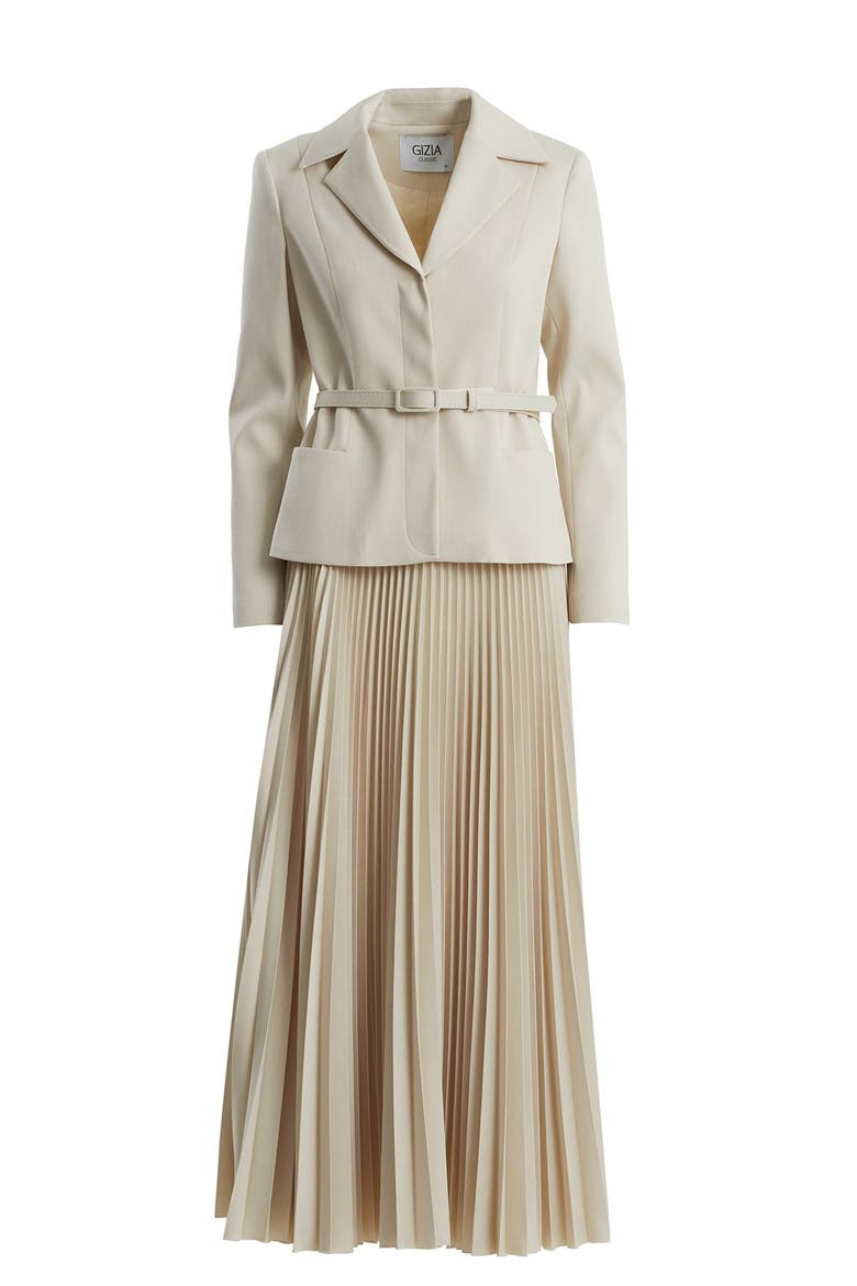 Beige Belted Blazer Pleated Skirt Set, Main, color, Beige