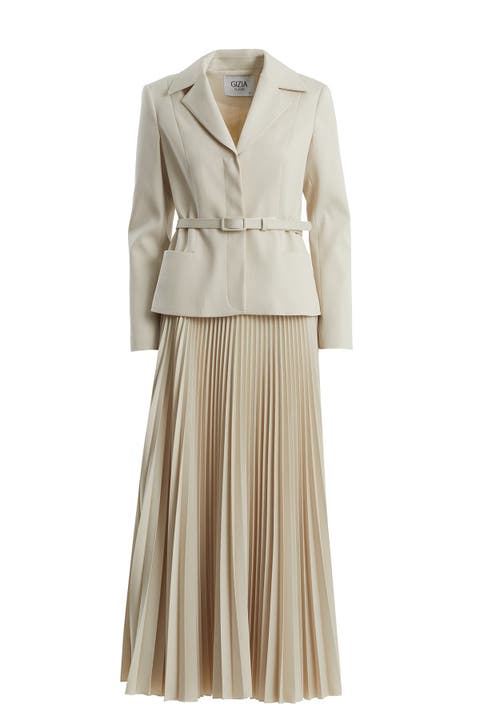 Beige Belted Blazer Pleated Skirt Set