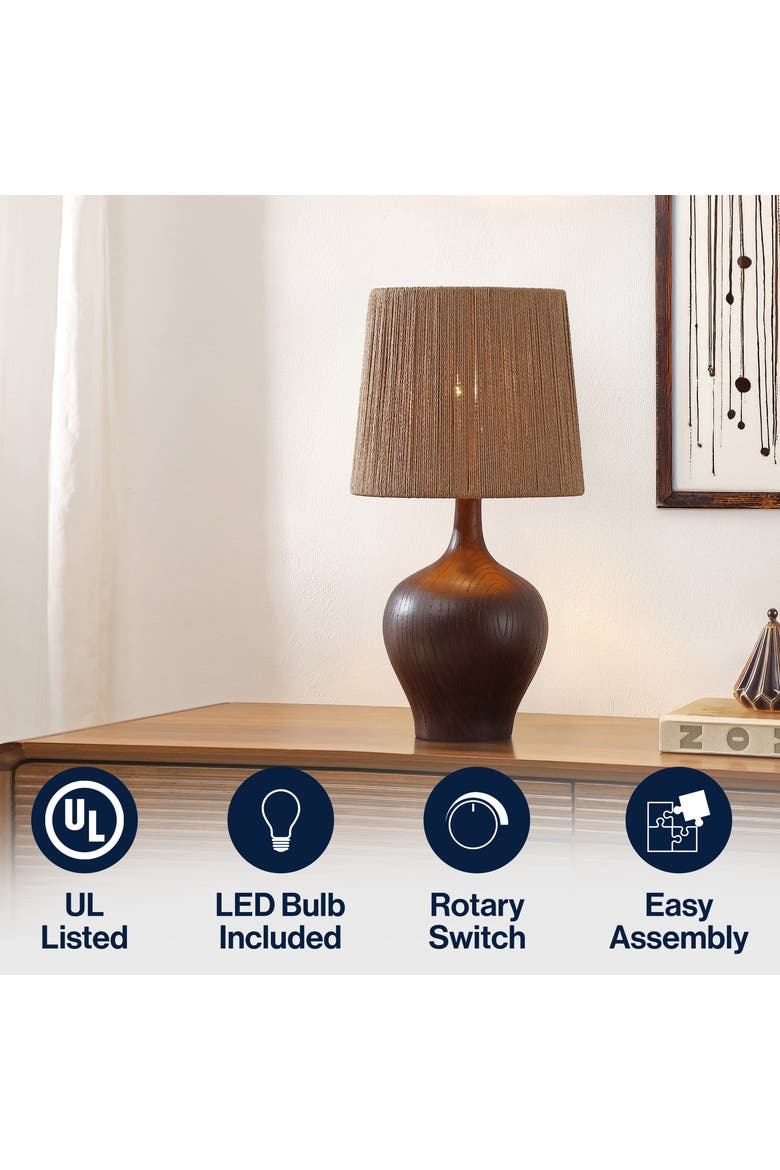 Eben Farmhouse Resin/Metal Gourd LED Table Lamp with Paper Rope Shade, Alternate, color, Dark Brown Wood Finish