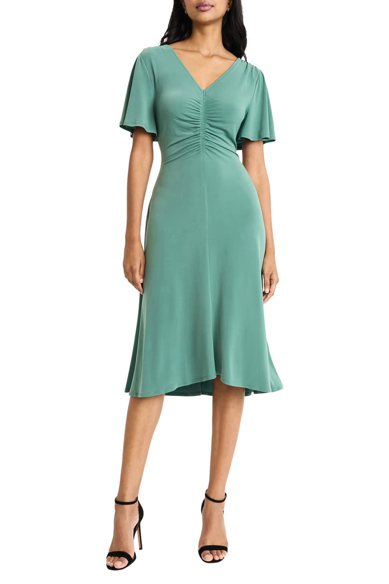 Ruched Bodice Midi Dress, Main, color, FOIL GREEN