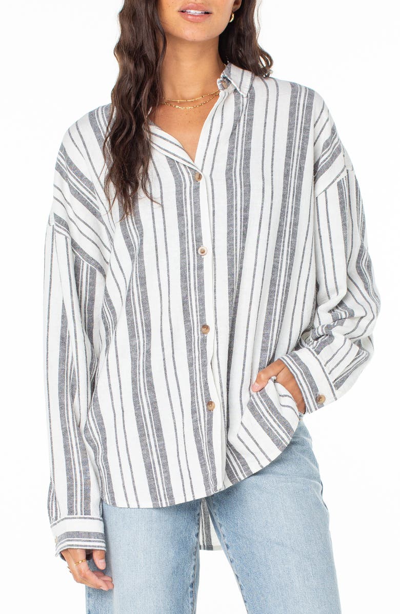 Roxy Morning Time Stripe Linen Blend Button-Up Shirt, Main, color, 