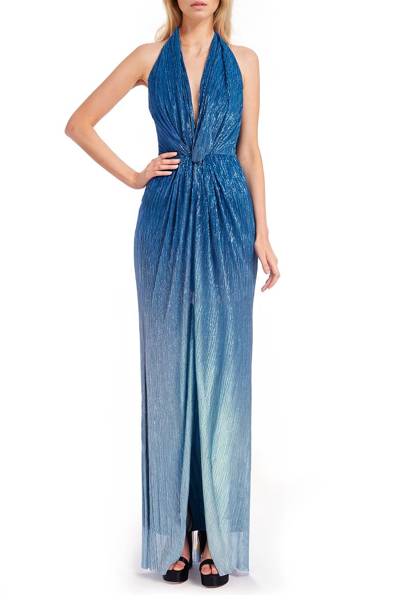 Jewel Badgley Mischka Metalllic Ombré Halter Neck Gown, Main, color,