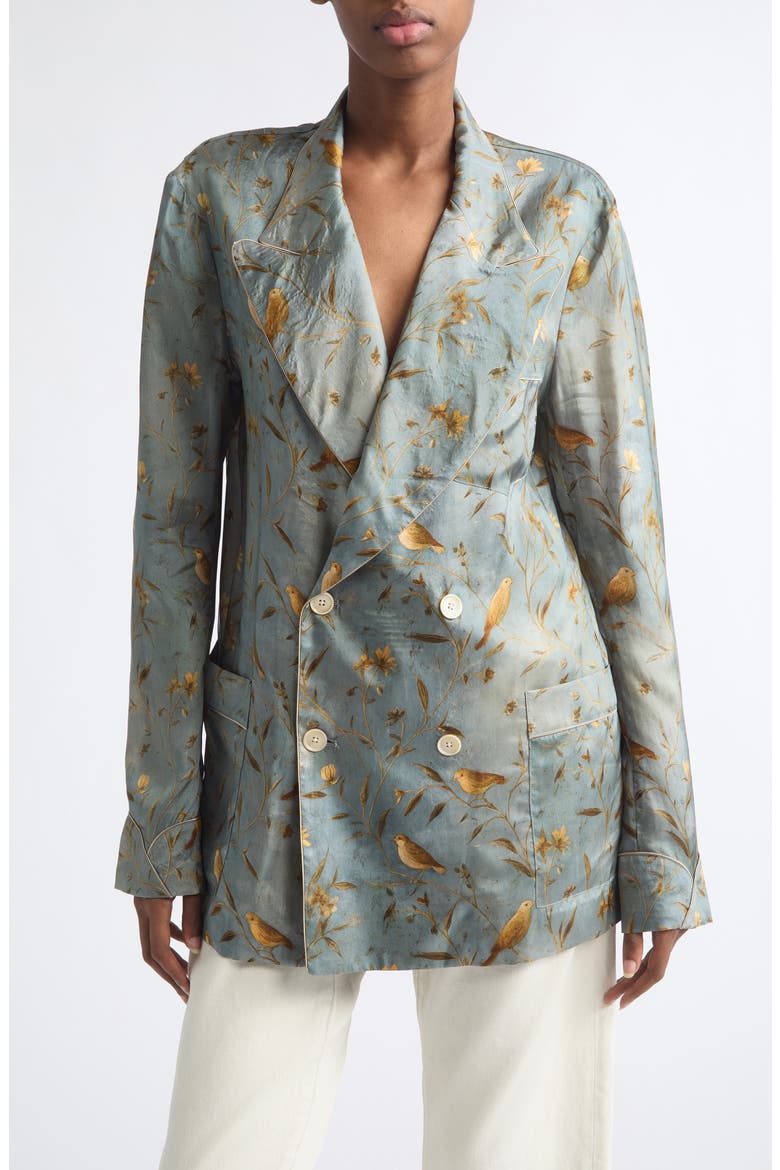 Ragged Oversize Doubled Breasted Satin Blazer, Main, color, GOLD BIRD ON BLUE
