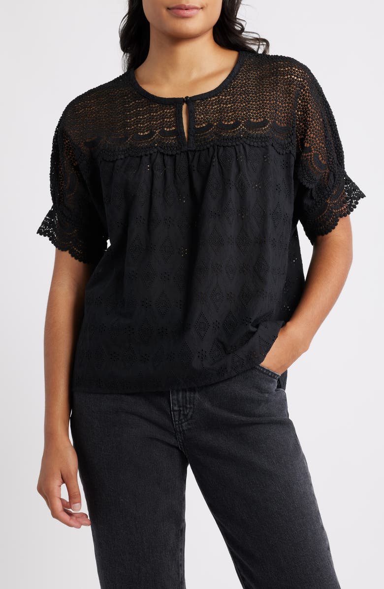 Bobeau Lace Yoke Cotton Top, Main, color, Black