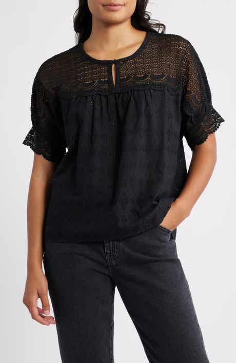 Bobeau Lace Yoke Cotton Top