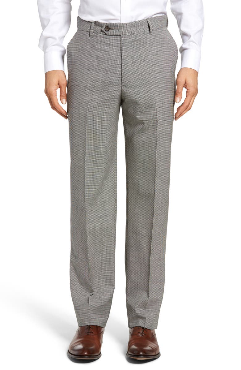 Berle Flat Front Houndstooth Wool Trousers, Main, color, Charcoal