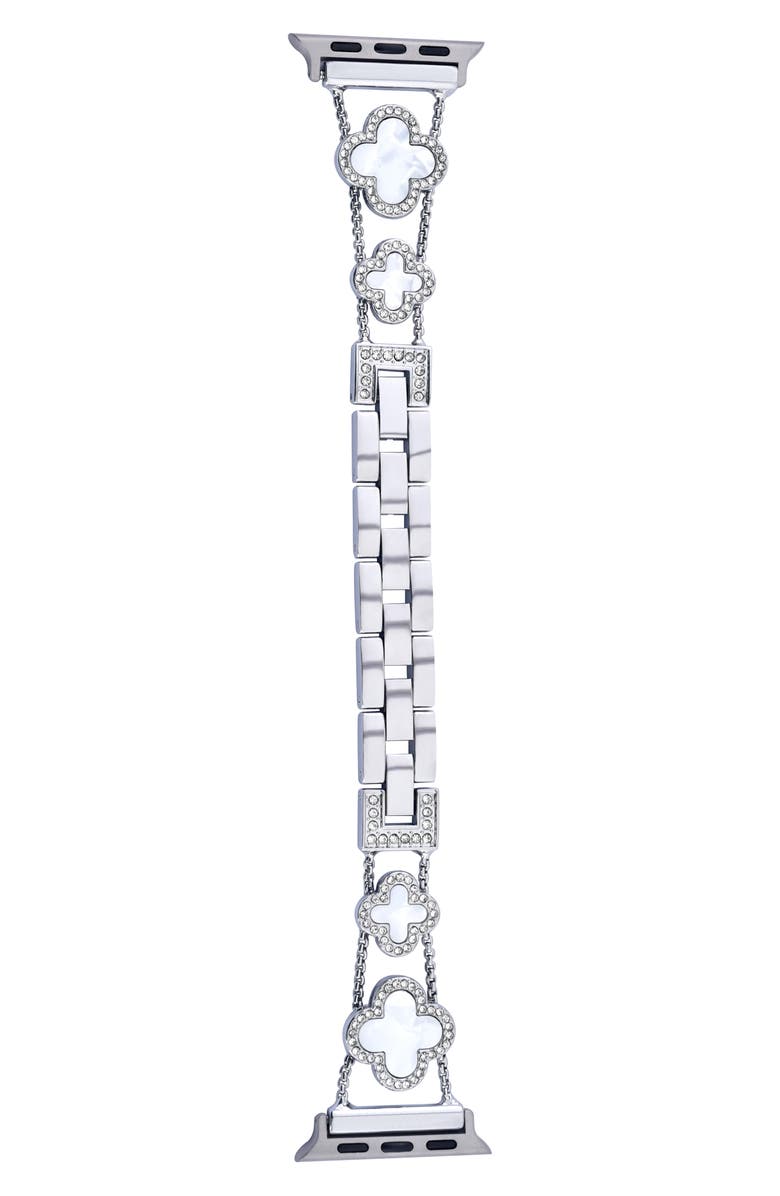 BCBG Clover Embellished Apple Watch<sup>®</sup> Watchband, Main, color, Silver