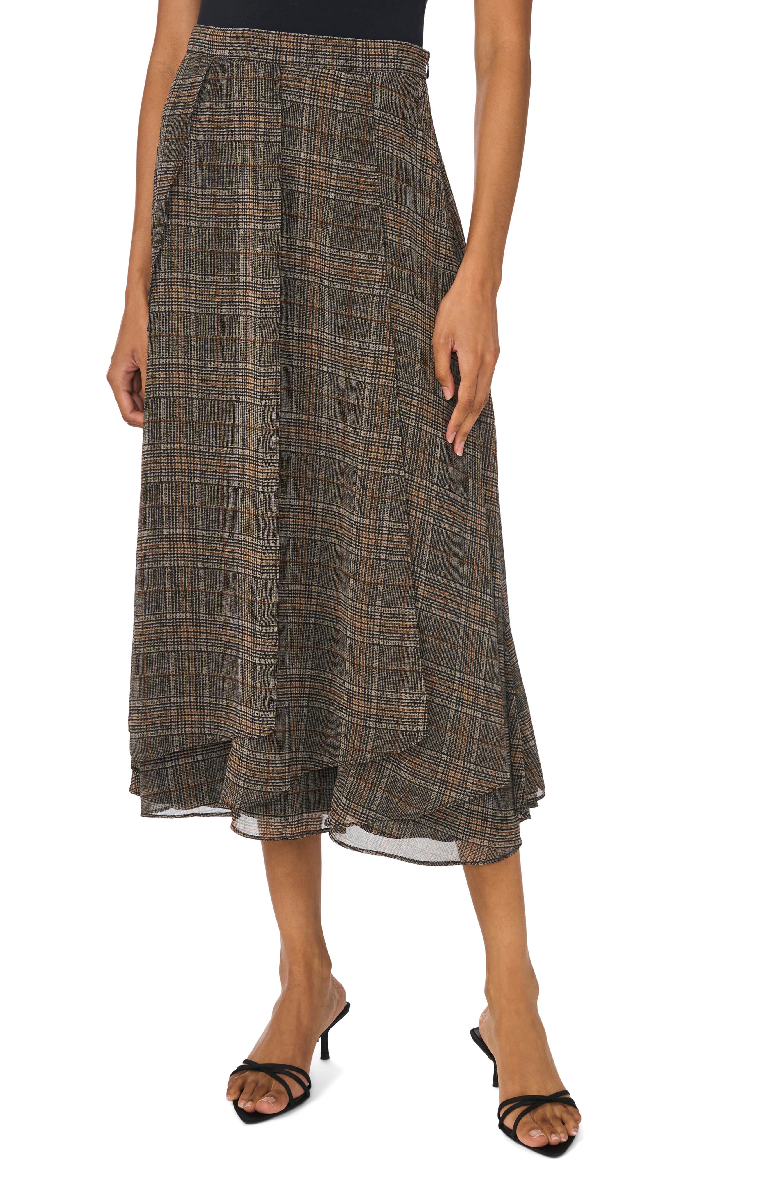 Paneled Plaid Midi Skirt