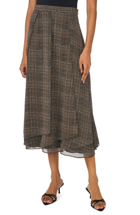 Paneled Plaid Midi Skirt