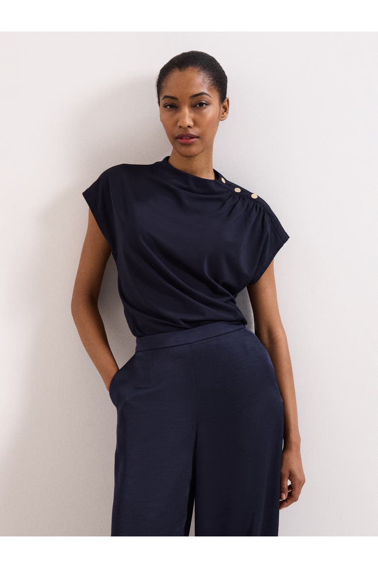 Paige Ruched Shoulder Hardware Ponte Top, Main, color, Navy
