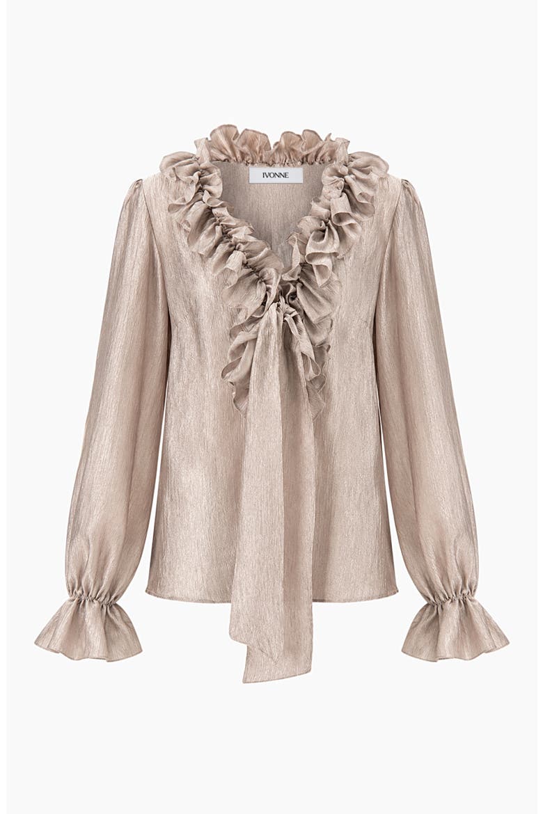 Ruffled V-neck Blouse With Lace-up Detail, Alternate, color, Beige