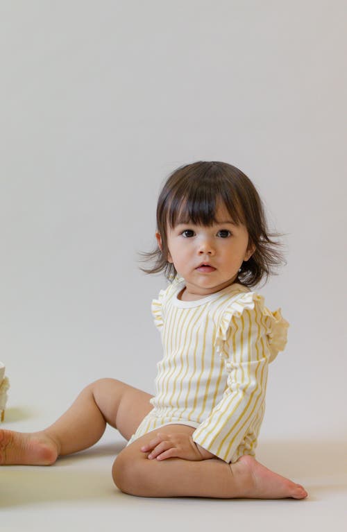 Pehr Stripes Away Long Sleeve Ruffle Bodysuit In Yellow