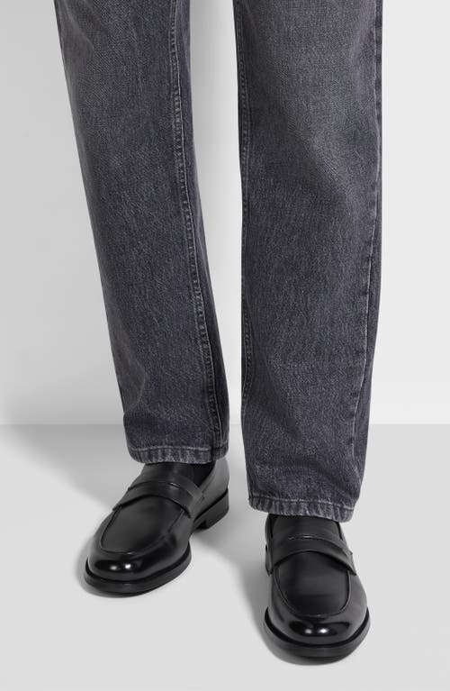 Zegna Black Natural Grain Leather Mocassin Loafer In Black