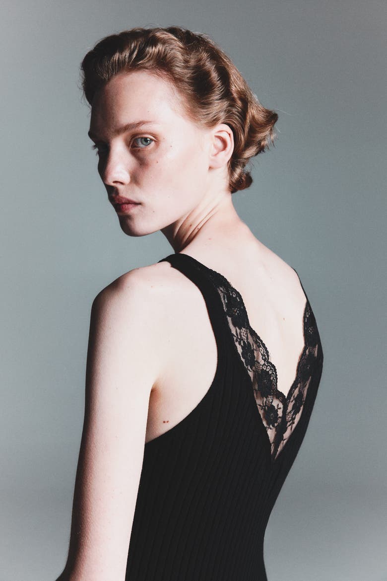 Lace-trimmed Rib-knit Dress, Alternate, color, Black